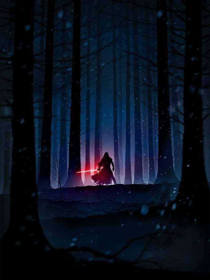 A hooded figure with a red lightsaber stands in a snowy forest at night. — Kylo Wallpaper