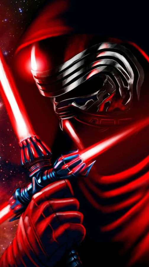 A masked warrior in red holds two red lightsabers in space. — Kylo Ren 4K Wallpaper
