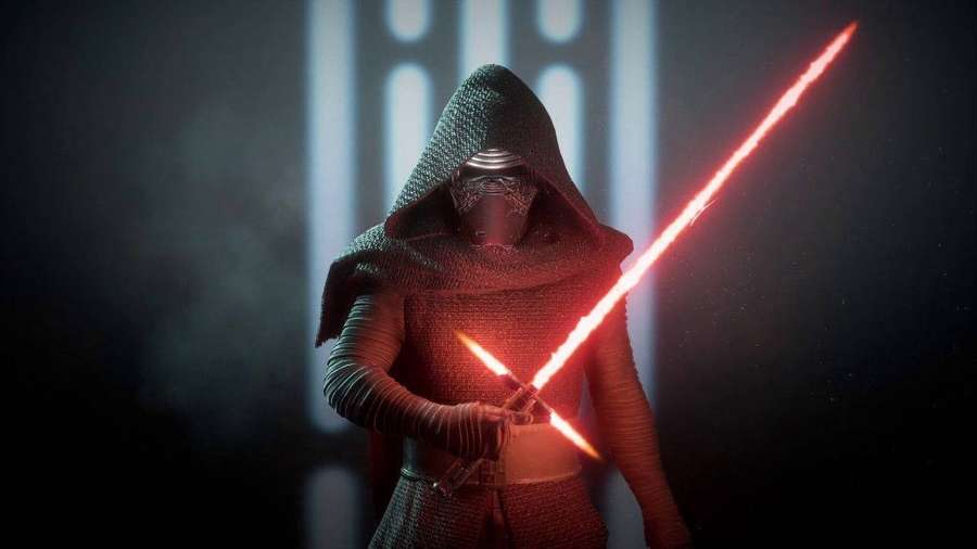 A masked warrior holds a red lightsaber in a dark, atmospheric setting. — Kylo Ren Background