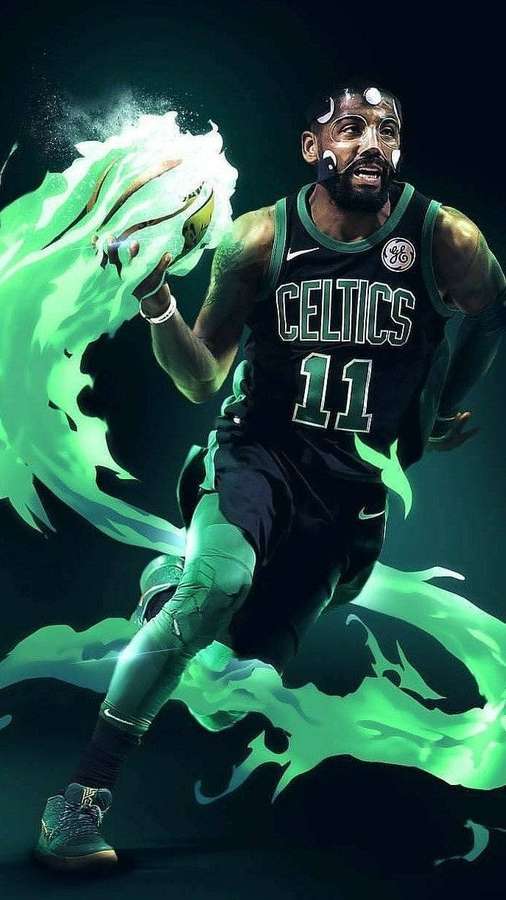 Basketball player in Celtics uniform dribbling a glowing green ball with energy effects. — Kyrie Irving Background