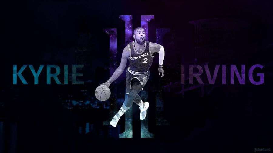 Kyrie Irving en acción con una camiseta de los Cleveland Cavaliers contra un fondo de ciudad oscura. — Kyrie Irving Genial Fondos de pantalla