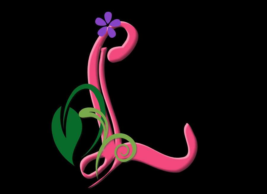 Stylized pink letter L with green vines and purple flower on black background. — L Background
