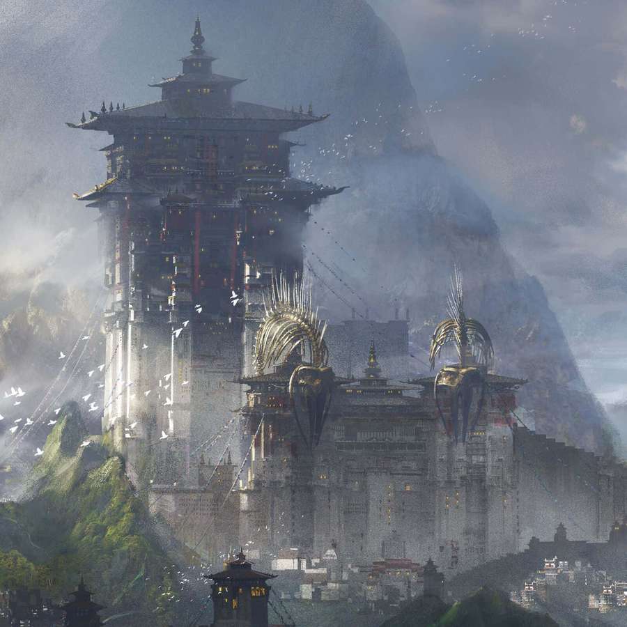 Complejo de templos antiguos en montañas brumosas con ventanas brillantes y estructuras doradas al atardecer. — La Ciudadela Fondos de pantalla