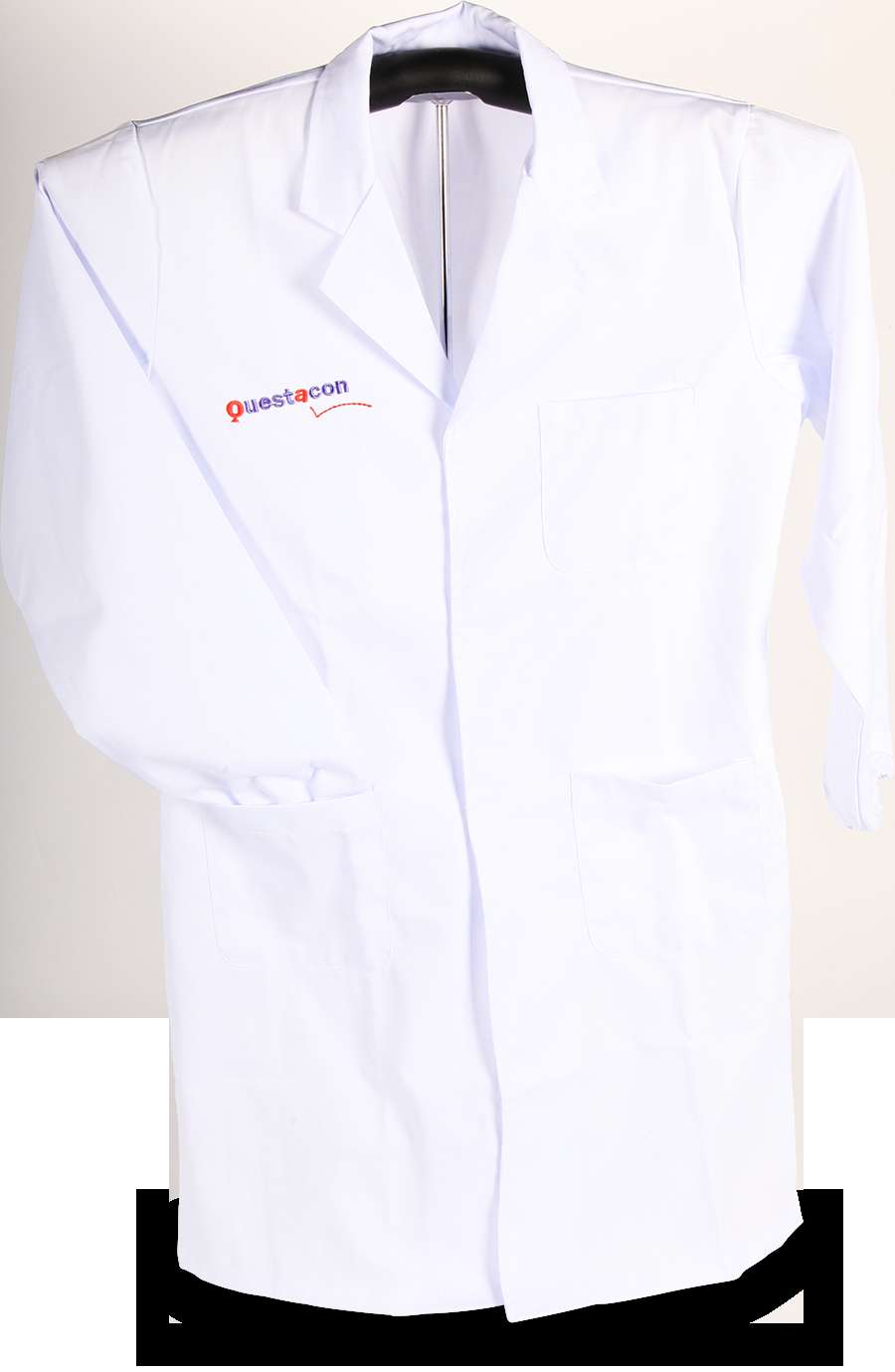 White lab coat with Questacon logo hanging on a black hanger. — Laboratory PNG