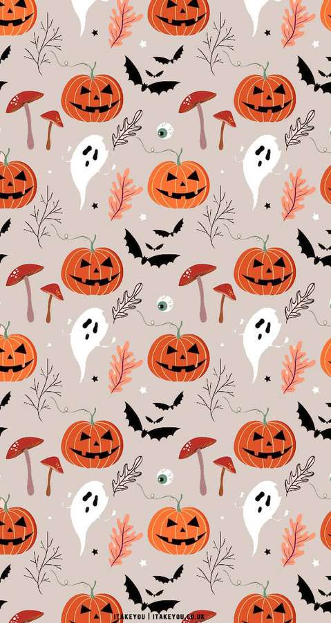 Wallpaper Halloween dengan labu, hantu, kelelawar, dan daun musim gugur dalam pola berulang. — Labu Wallpaper