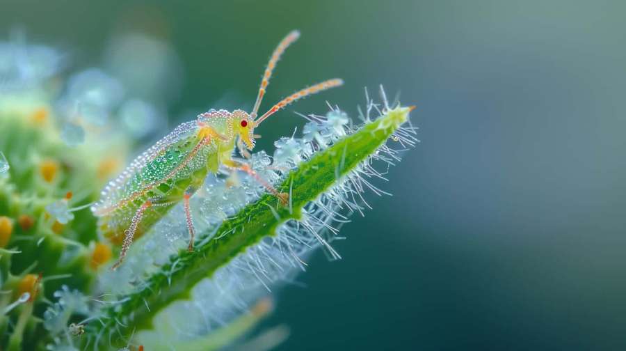 A tiny green insect covered in dew on a fuzzy leaf. — Lace Bug Wallpaper