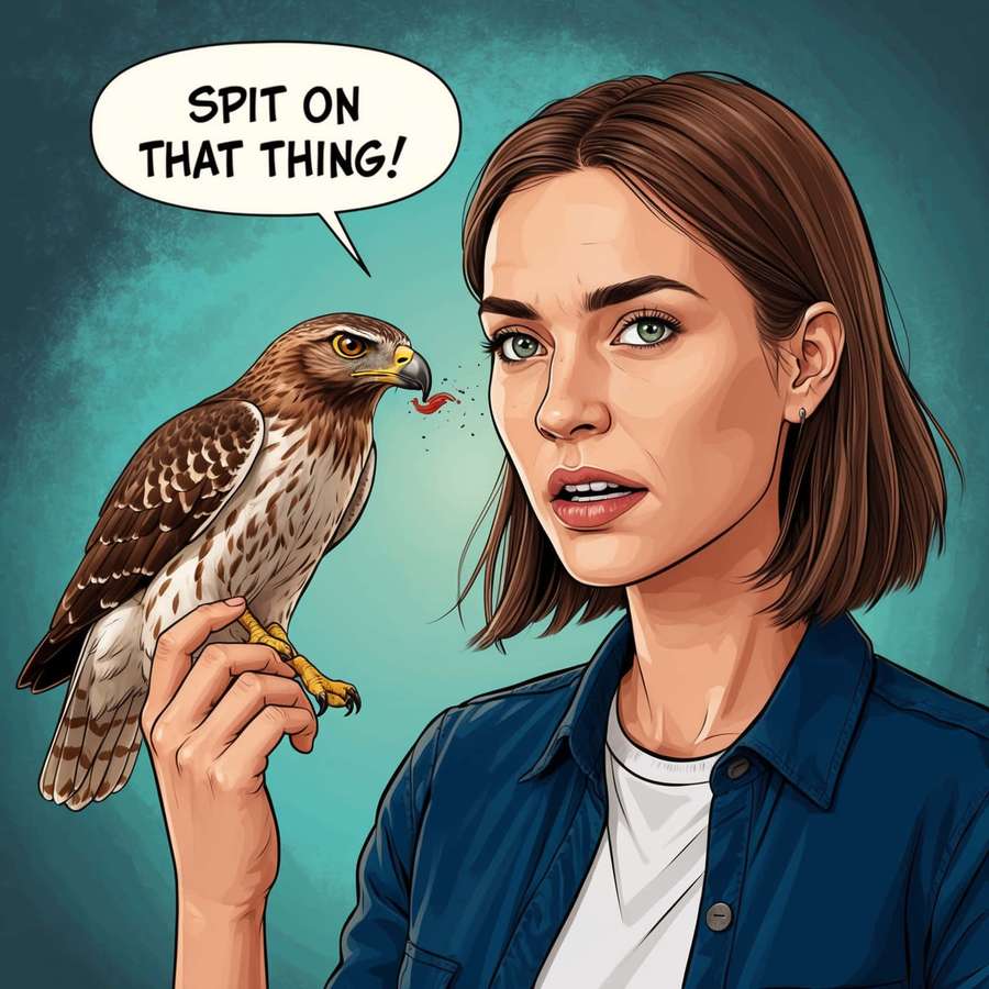 Woman holding hawk that spits out worm with angry speech bubble. — Lady bird Wallpaper