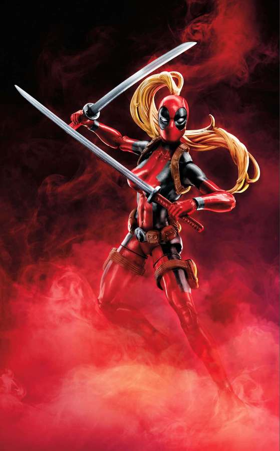 Female Deadpool in red suit holding two swords in red smoke. — Lady Deadpool Wallpaper