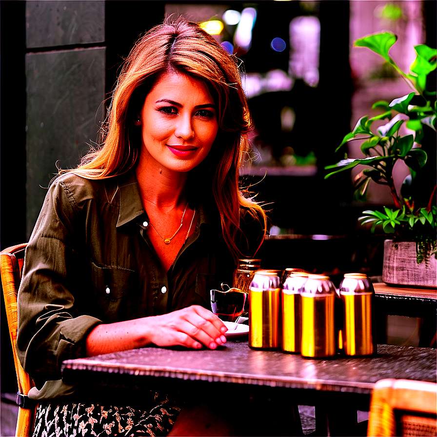 A woman smiles at a cafe table with golden cans and a plant. — Lady PNG