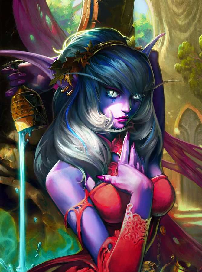 Fantasy-Elbin mit leuchtenden Augen und violetten Flügeln, die einen leuchtenden Stab hält. — Lady Vashj Wallpaper
