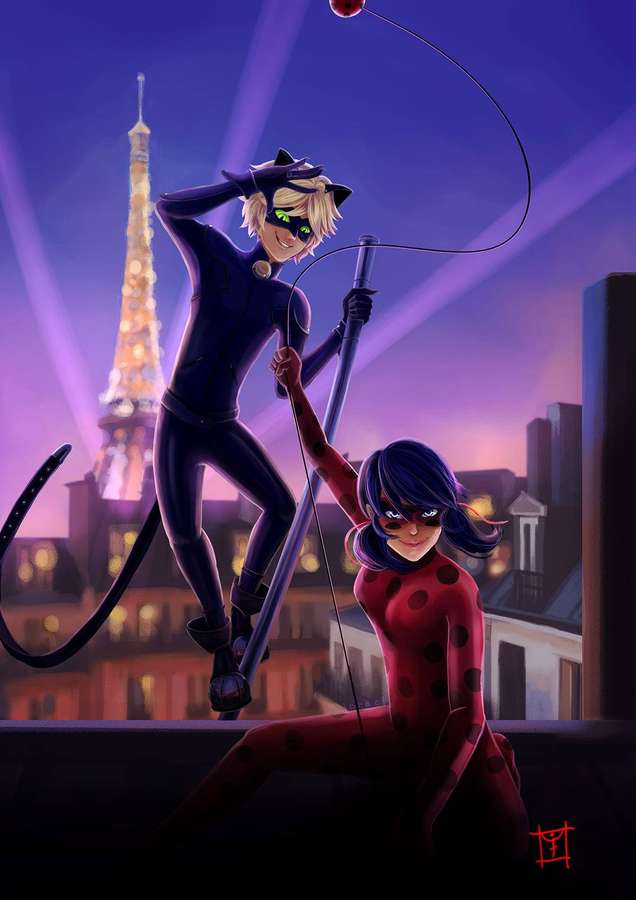 To anime-superhelter på et parisisk tak med Eiffeltårnet i skumringen. — Ladybug Og Cat Noir Bakgrunner