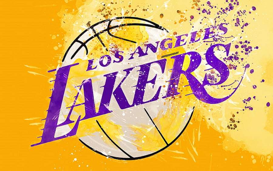 Los Angeles Lakers Basketball-Logo mit lila und gelbem Farbspritzer-Design. — Lakers Logo Wallpaper