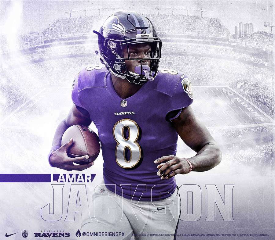 Baltimore Ravens football player Lamar Jackson in purple jersey running with a football. — Lamar Jackson Wallpaper