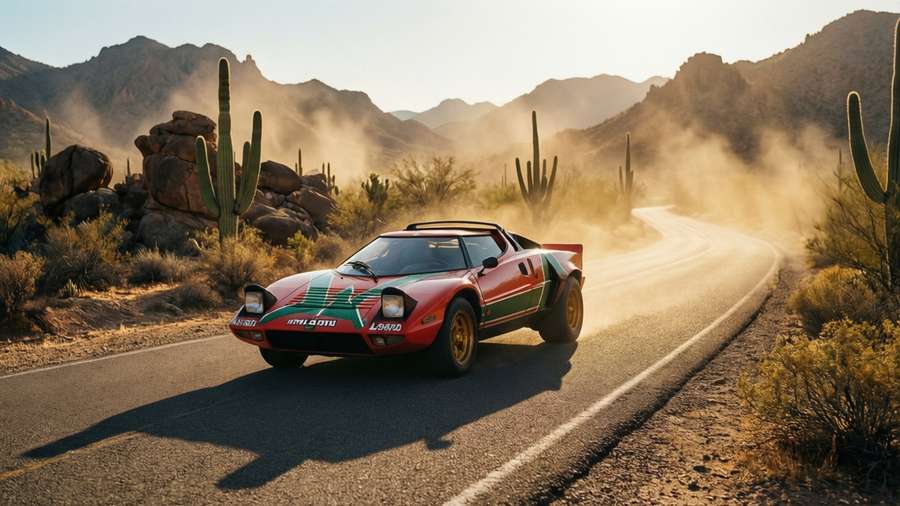 A Lancia Stratos cruises on a desert road under harsh sun, with cactus and heat haze. — Lancia Stratos Wallpaper