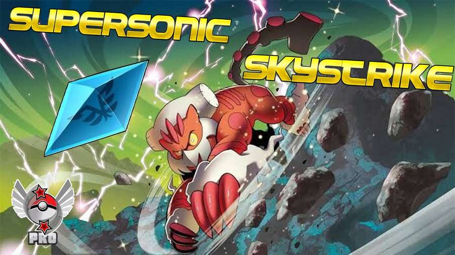 A red and white Pokémon performs a high-speed aerial attack amidst rocks and lightning. — Landorus Wallpaper