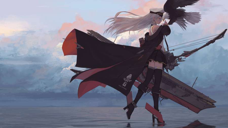 Chica anime con cabello blanco y capa negra sosteniendo arco con pájaro en el hombro de pie sobre el agua. — Lane Fondos de pantalla