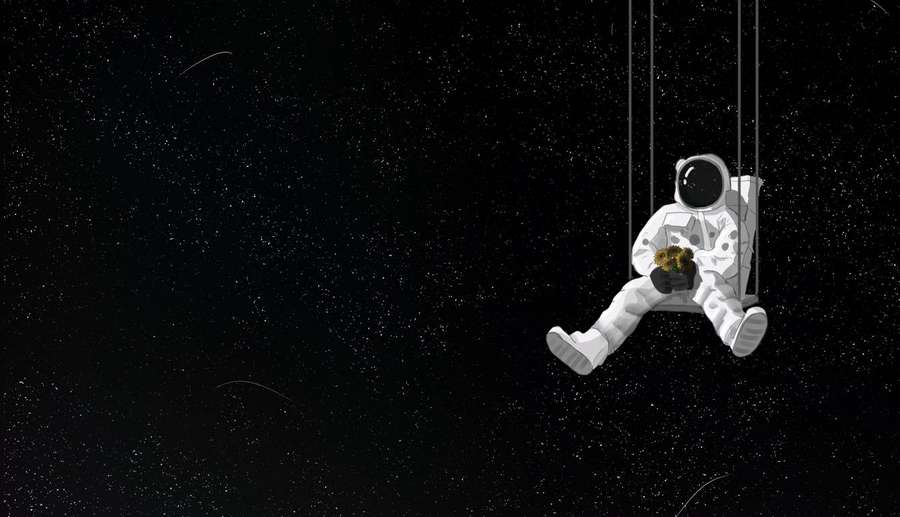 Astronauta flotando en el espacio sosteniendo una planta en maceta sobre cuerdas contra un fondo estrellado. — Laptop oscuro Fondos de pantalla