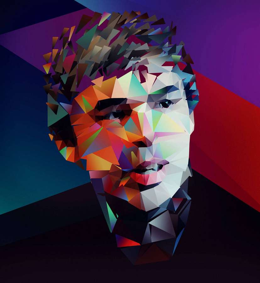 A stylized geometric portrait with colorful triangular facets. — Larry Page Wallpaper