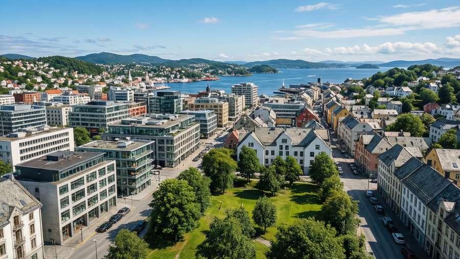Aerial cityscape of Larvik with fjord backdrop. — Larvik Wallpaper