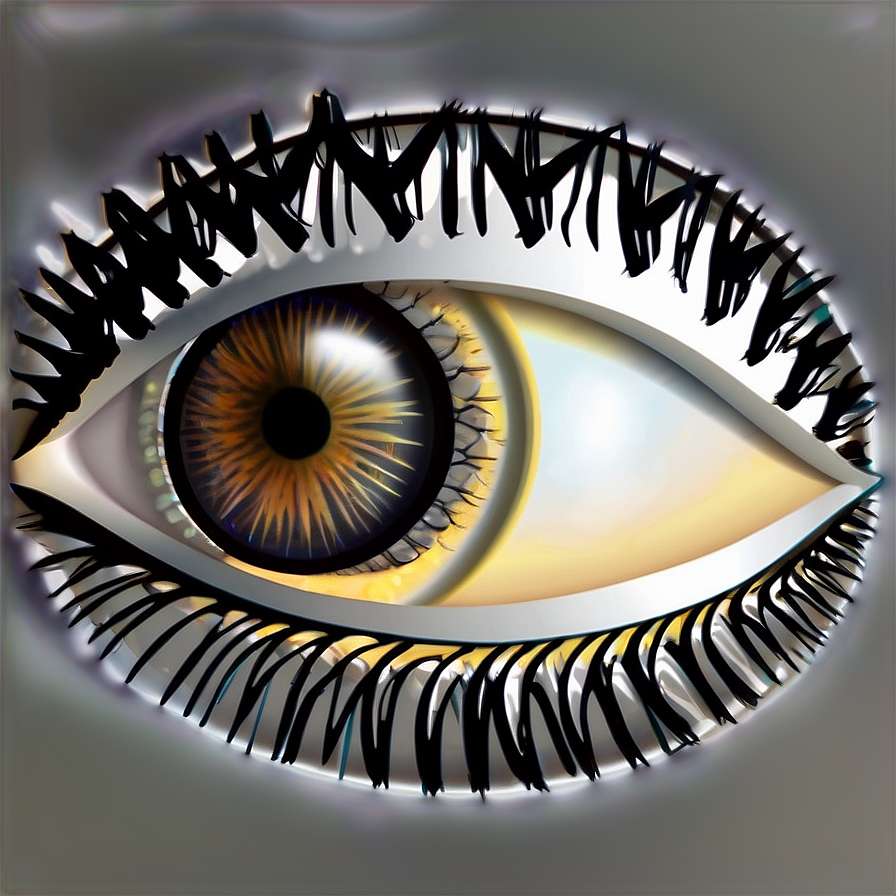 A glowing golden eye with dramatic black lashes in a surreal digital style. — Lashes PNG