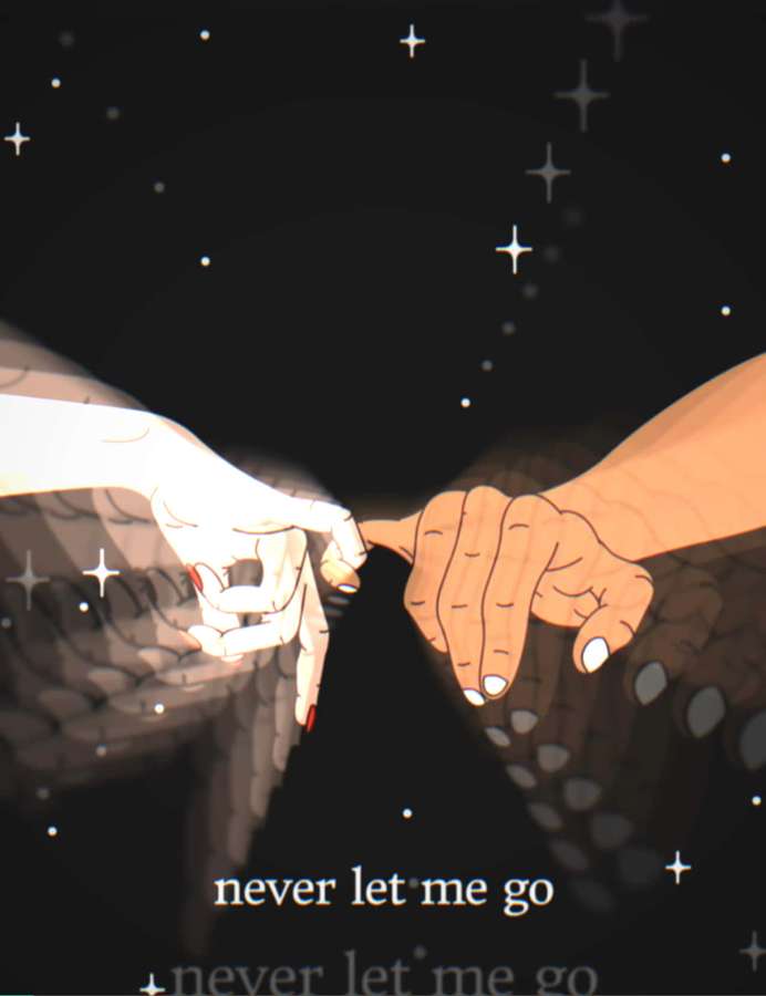Zwei Hände berühren sich unter einem Sternenhimmel mit dem Text never let me go — Lass Los Wallpaper