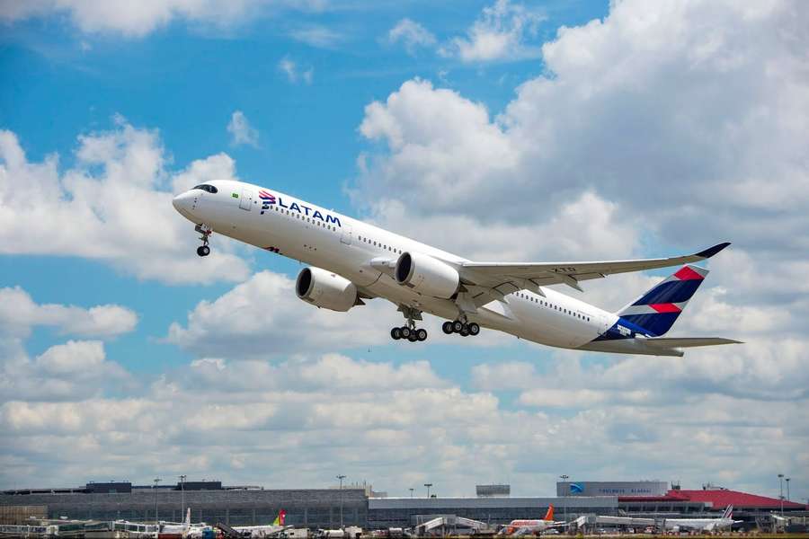 LATAM airplane ascending from airport runway under cloudy sky — Latam Wallpaper