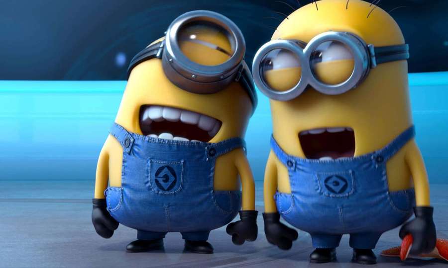 Two cheerful yellow cartoon Minions wearing blue overalls and goggles. — Laughing Background