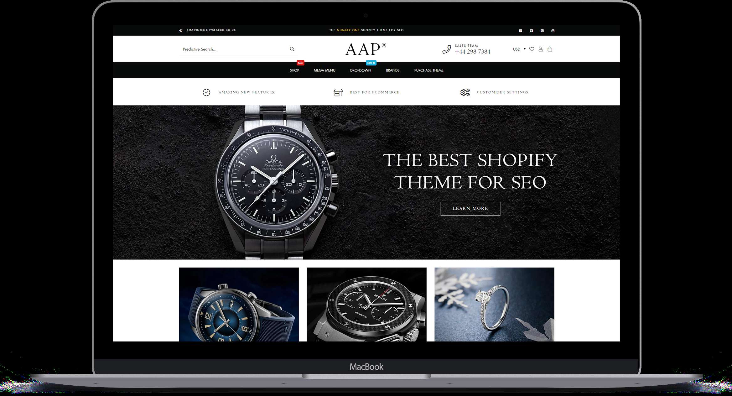 Laptop screen showing a luxury watch and jewelry e-commerce website with dark theme. — Launch PNG