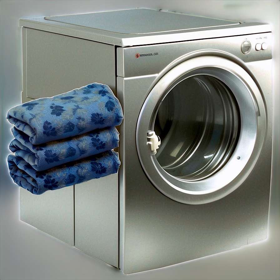 Stack of blue floral towels beside a silver washing machine. — Laundry Background