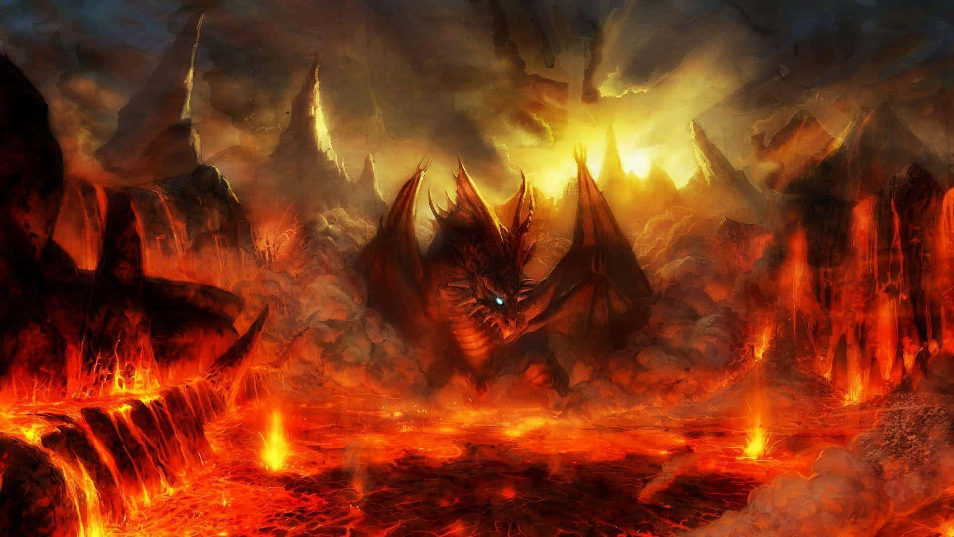 En brinnande drake står i ett vulkanlandskap med lavaflöden och taggiga stenar. — Lava Dragon bakgrund Bakgrundsbilder