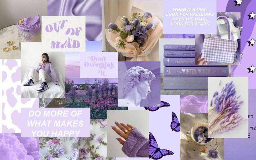 Lavendel-Collage mit Blumen, Büchern, Zitaten und Schmetterlingen in sanften Pastelltönen. — Lavendel Wallpaper