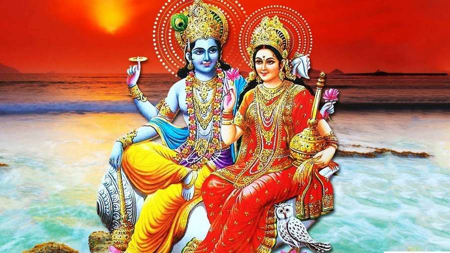 Krishna and Radha seated on a lotus in ocean at sunset — Laxmi Narayan Wallpaper