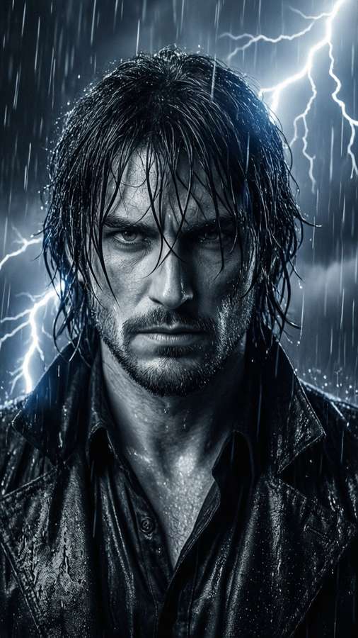 Laxus Dreyar standing in a rainstorm with lightning, a moody noir scene. — Laxus Dreyar Picture