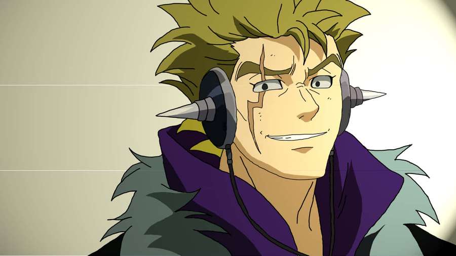 Anime character with spiky hair and headphones wearing a purple coat. — Laxus Dreyar Wallpaper