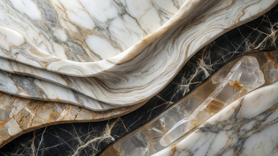 A luxurious marble abstract with layered stone veins and translucent quartz. — Layered Wallpaper