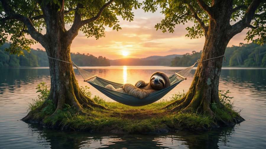 A lazy sloth relaxing in a floating hammock on a lake at sunset. — Lazy Wallpaper