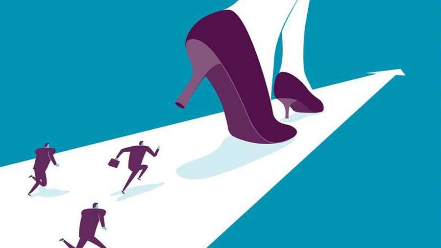 Businessmen running after a giant high heel on a white arrow path. — Lead Picture