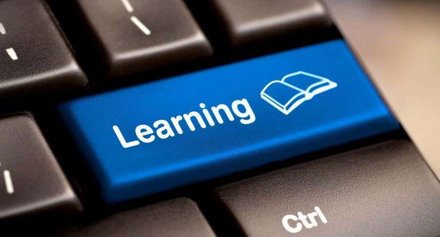 Blue keyboard key labeled Learning with open book icon. — Learning Background