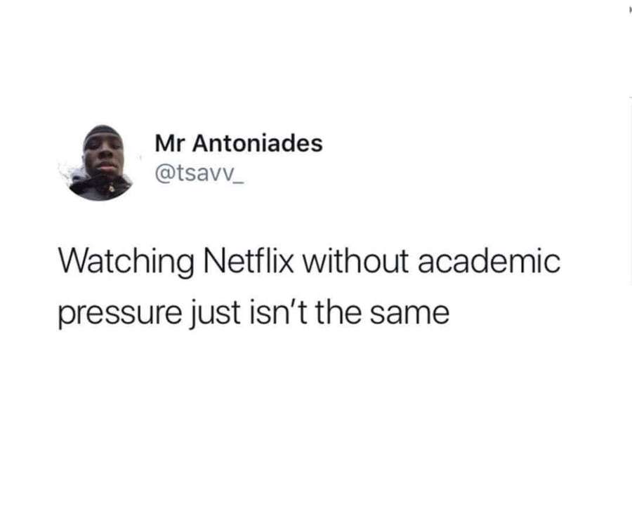 Twitter post by Mr Antoniades about Netflix and academic pressure. — Learning Memes Wallpaper