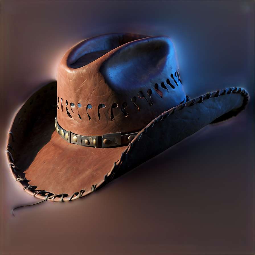 A detailed leather cowboy hat with metal band and stitching under glowing lights. — Leather PNG