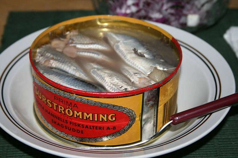 Geöffnete Dose schwedischen Surströmming-Fisches auf einem Teller mit einer Gabel. — Lecker Wallpaper