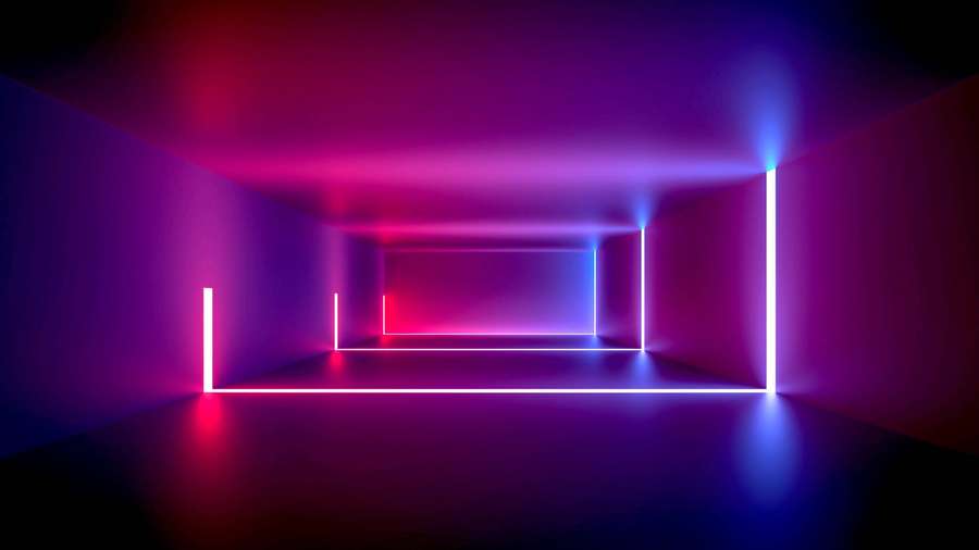 Neonlyst futuristisk korridor med lysende lyserøde og blå linjer, der forsvinder i mørket. — Led 4K Wallpapers