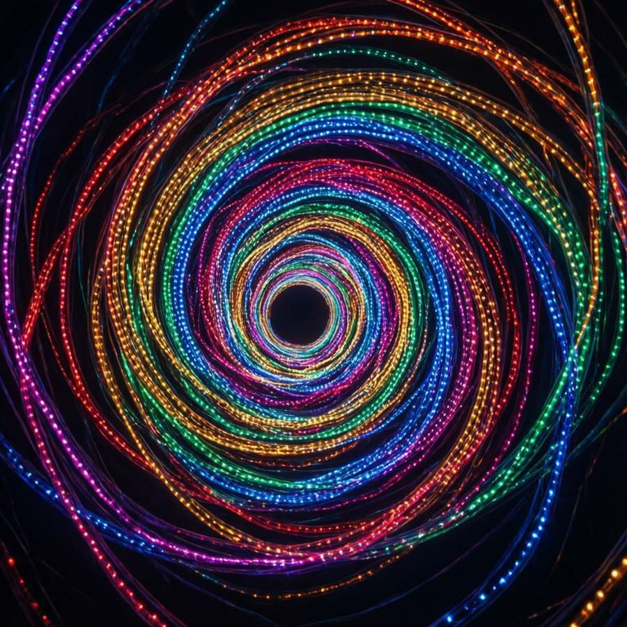 A rainbow-colored spiral of LED lights twisting into infinity. — Led 4K Picture