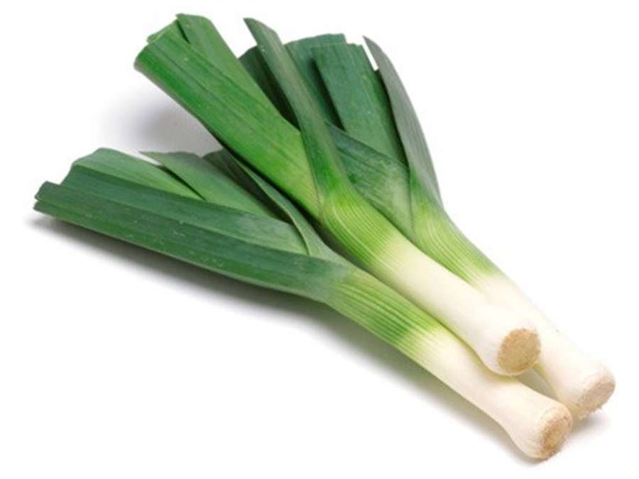 Two fresh leeks with green tops and white stems on a white background. — Leek Picture