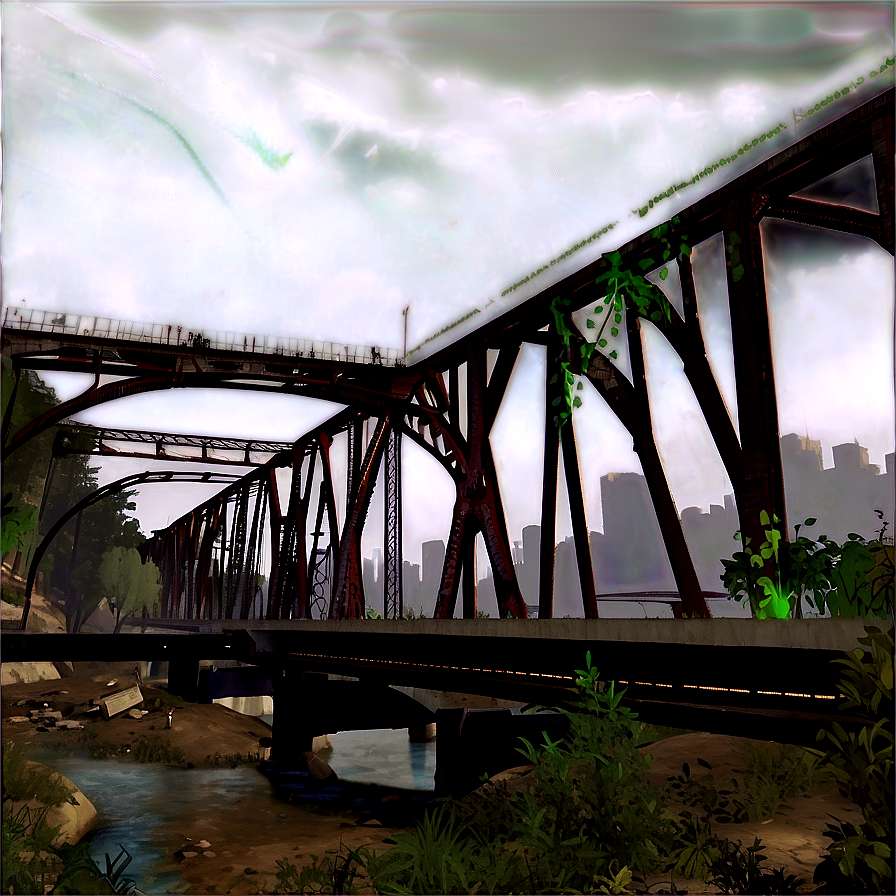 A weathered steel bridge with vines growing on it spans a river with a city skyline visible in the background. — Left 4 Dead 2 PNG