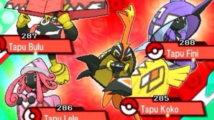 Cuatro sprites de batalla de Pokémon Tapu con números y nombres de la Pokédex. — Legendario Imágenes
