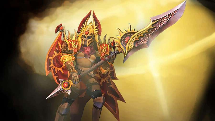 Fantasy warrior in fiery armor holding a large ornate sword against a glowing background. — Legion Commander Wallpaper