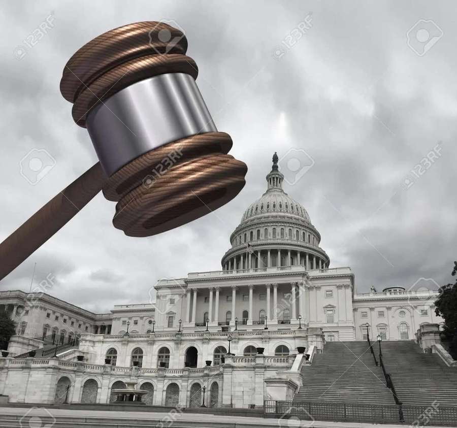 Gavel floating over Capitol building under overcast sky — Legislative Wallpaper
