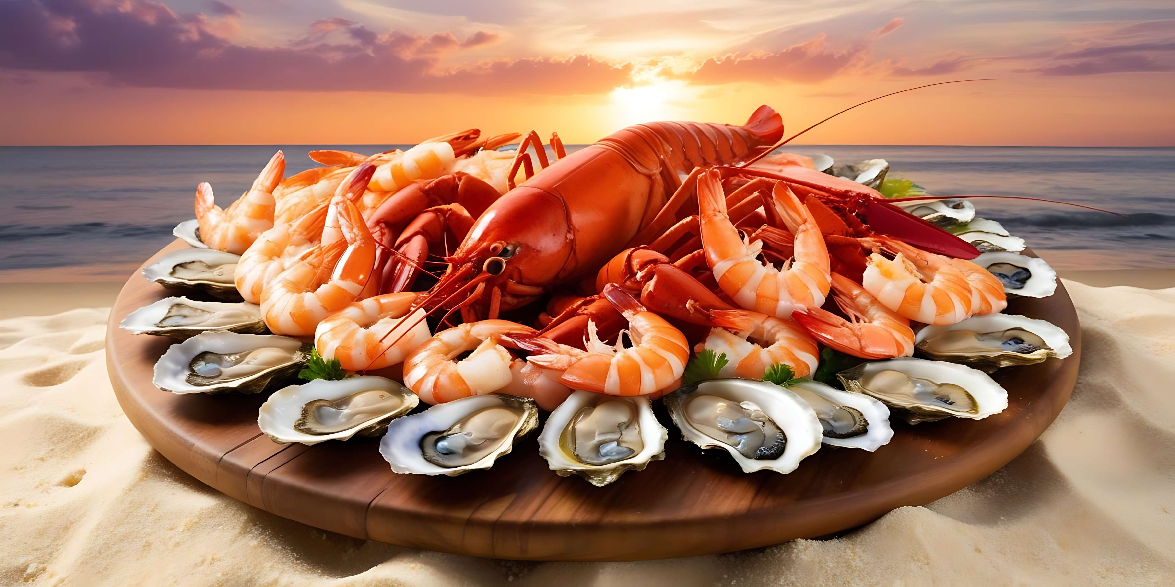 Platter of fresh seafood on beach at sunset — Lemon PNG