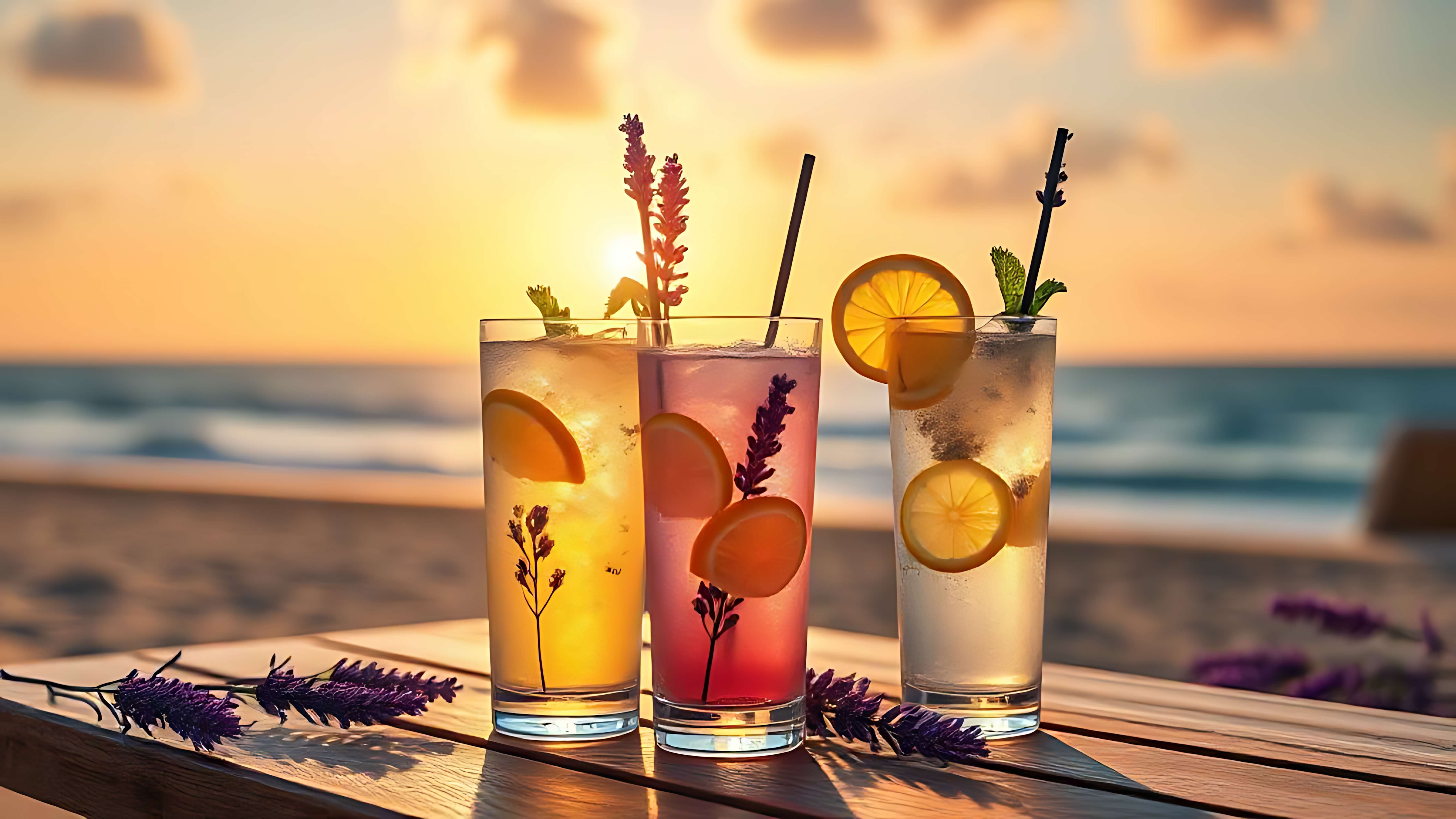 Three tropical drinks with citrus and lavender on a beach at sunset. — Lemonade Background